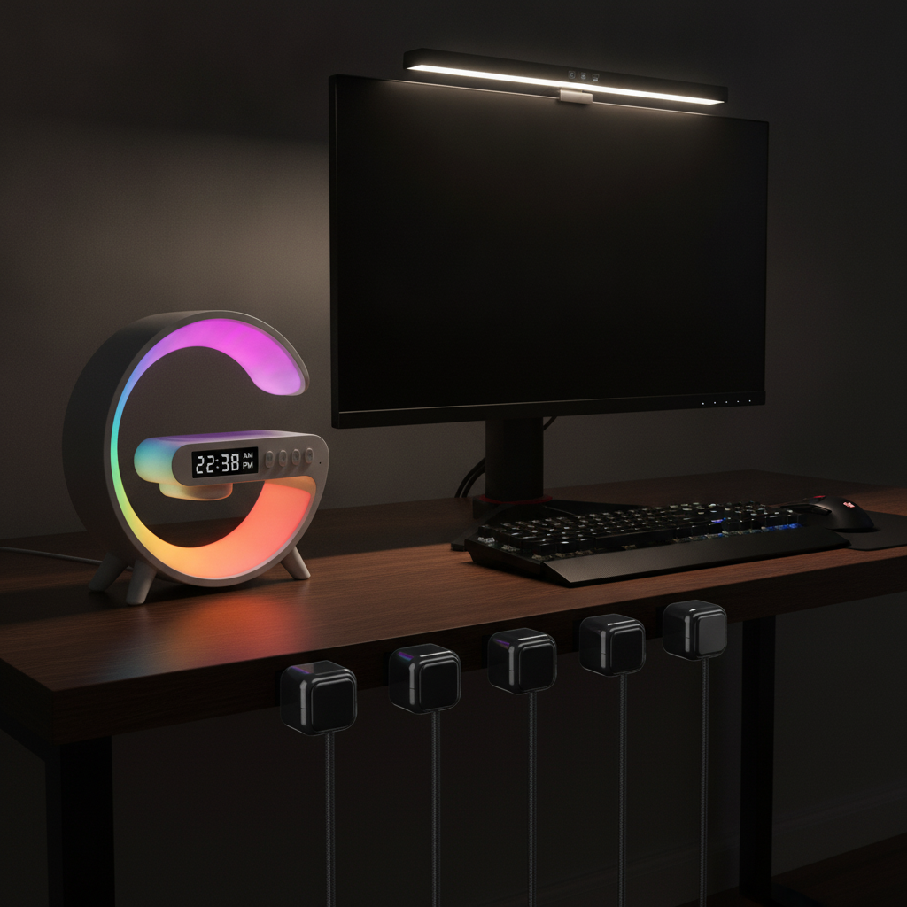 Pack Mesa Limpia · Lámpara LED RGB 3 en 1, organizador de cables y luz LED