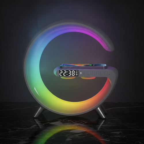 Lámpara LED RGB 3 en 1 con Cargador Inalámbrico y Altavoz Bluetooth – Todo en tu Mesita