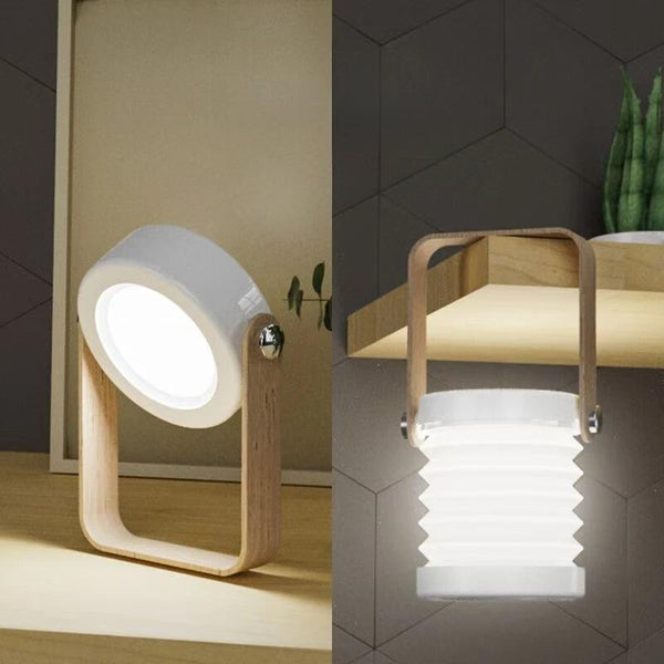 Lámpara LED Plegable con Acabado en Madera – Luz Cálida, Táctil y Recargable por USB