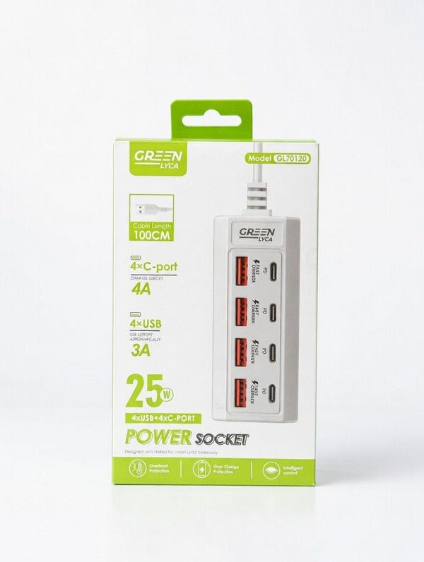 Cargador 8 Puertos 25W – 4×USB-C y 4×USB-A para Cargar Toda la Casa a la Vez